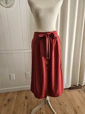 CALI 1850 Rust Red Linen Blend Button Front Tie Waist Midi Skirt M